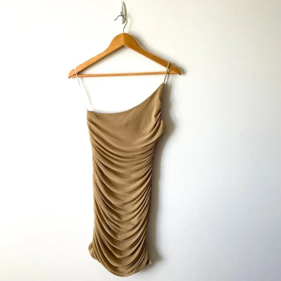 Princess Polly Jocasta Mesh Ruched One Shoulder Mini Dress Tan Size 6 - Picture 6 of 8